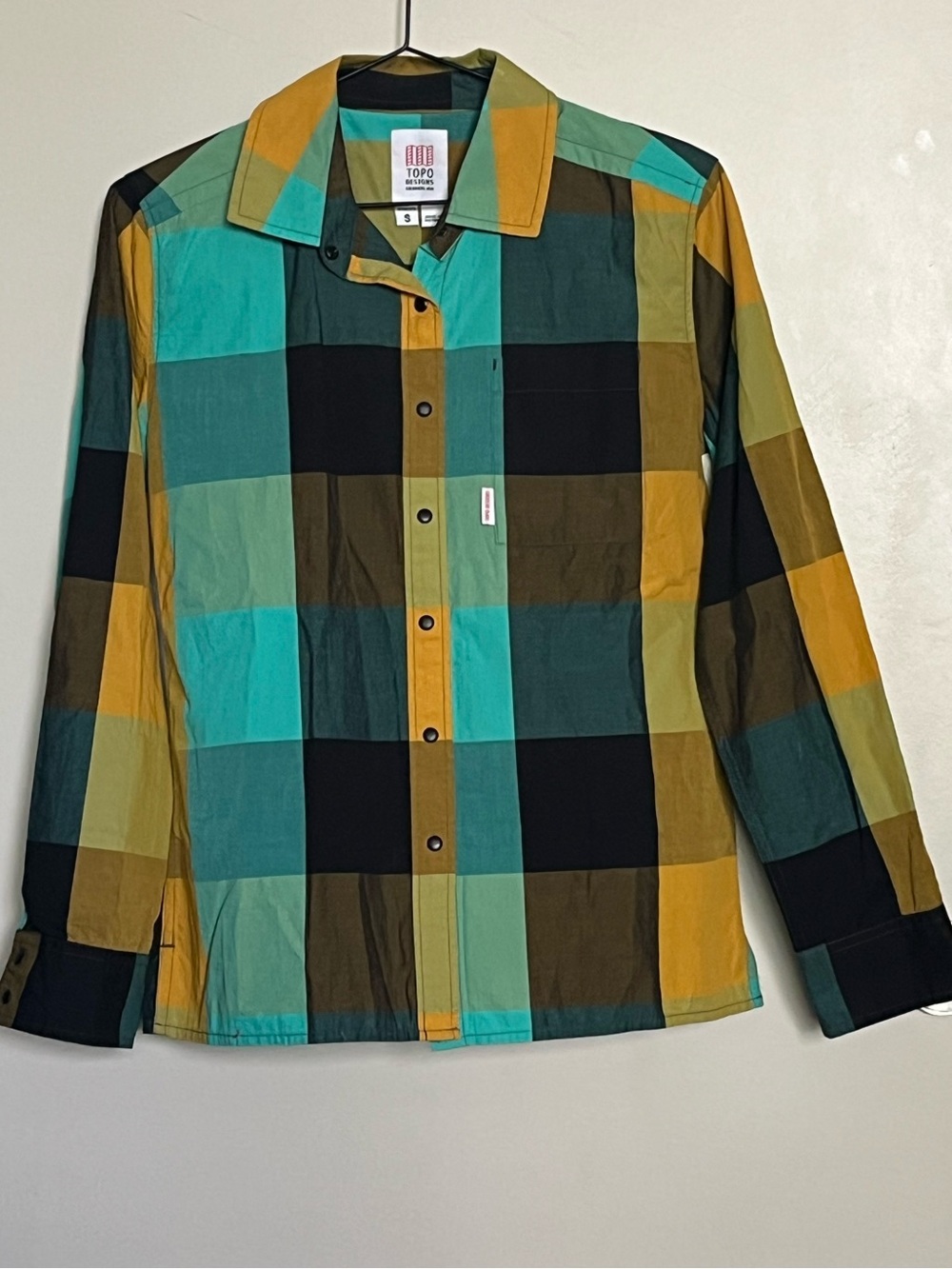 Topo Designs Plaid Button-Up Shirt — Teal, Mustard, Black, Brown Cotton Sz S